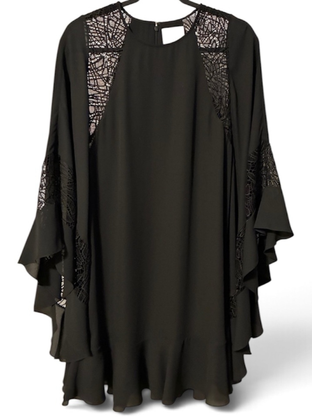 Prose & Poetry Black Lace-Trim Flowing Tunic Dress Batwing Sleeve Size Medium